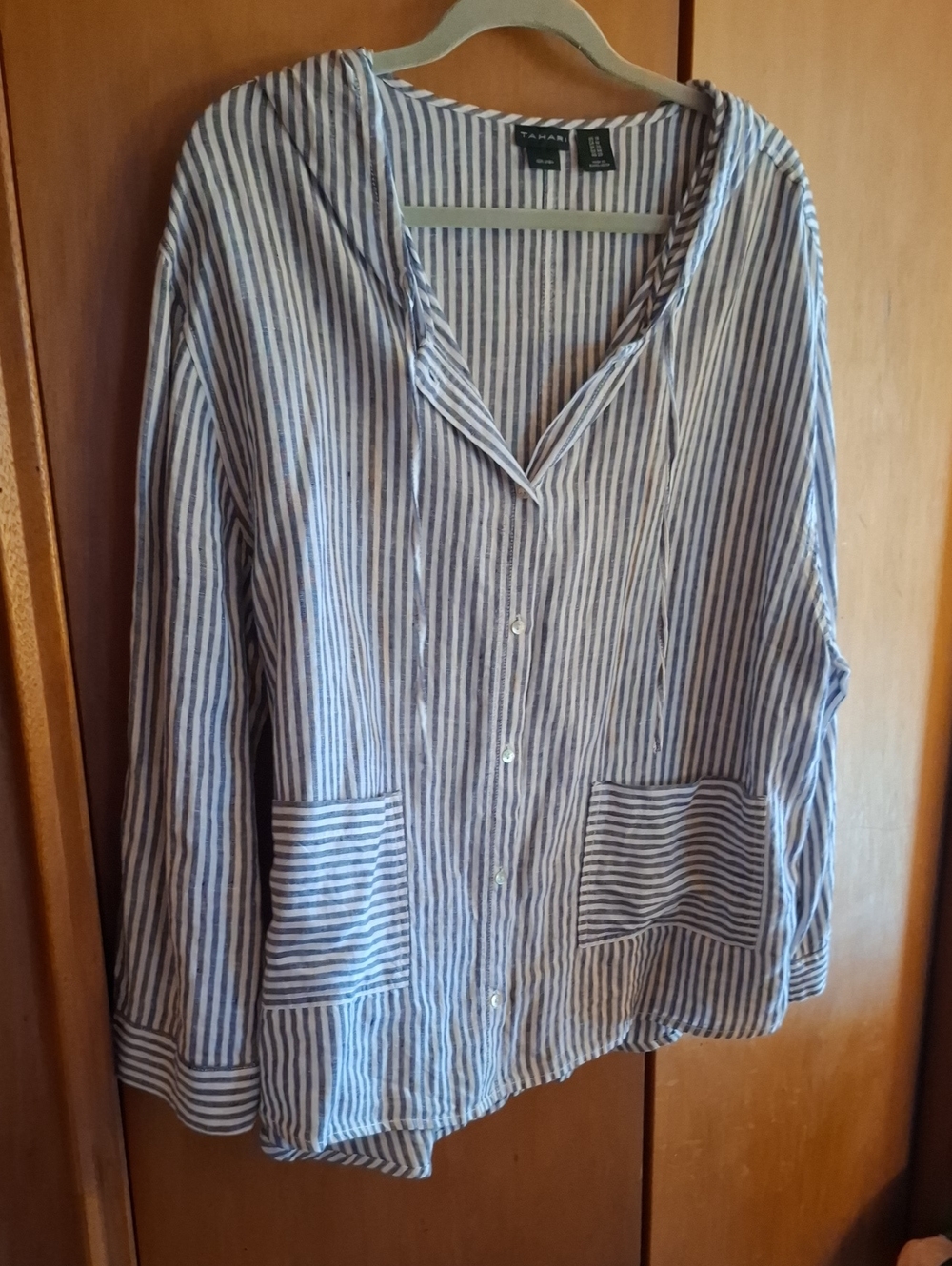 Tahari Blue and White Striped Button-Front Shirt With Hood